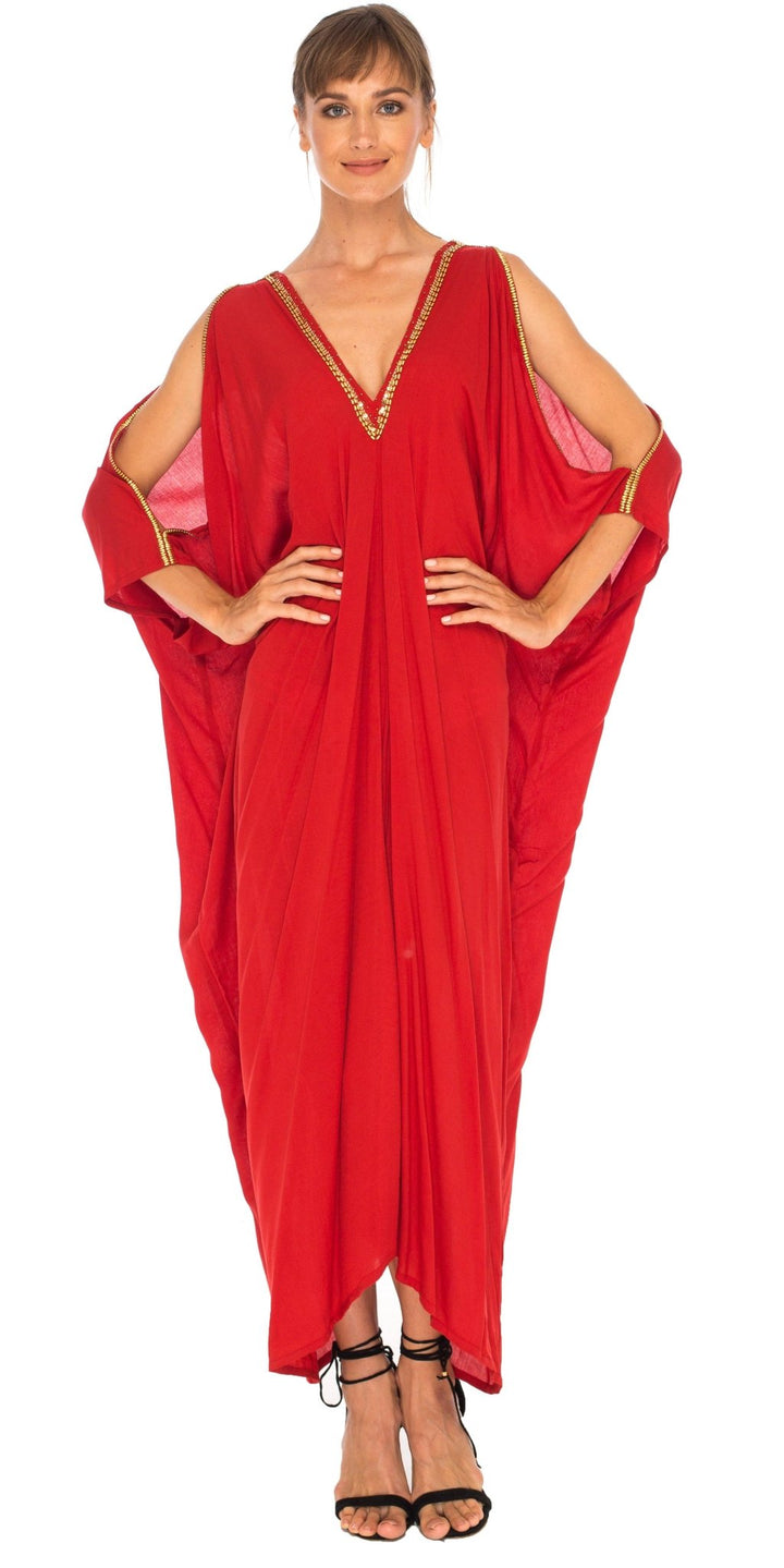 SHU - SHI Women's Cold Shoulder Kaftan Cover - Up Maxi Dress with Gold Beads and V - Neck - Love ShuShi