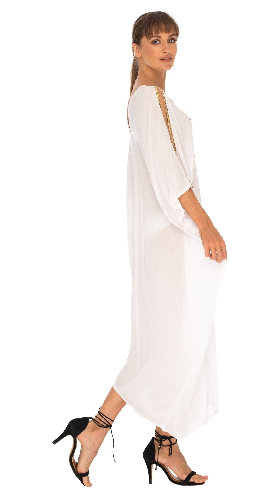 SHU - SHI Women's Cold Shoulder Kaftan Cover - Up Maxi Dress with Gold Beads and V - Neck - Love ShuShi