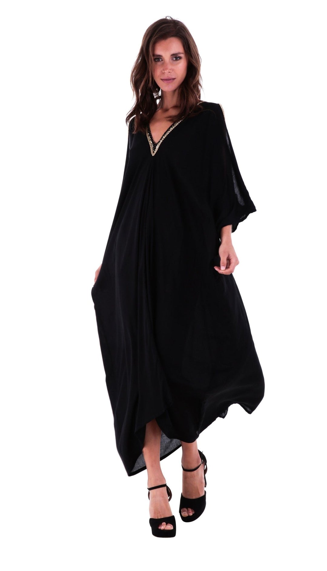 SHU - SHI Women's Cold Shoulder Kaftan Cover - Up Maxi Dress with Gold Beads and V - Neck - Love ShuShi