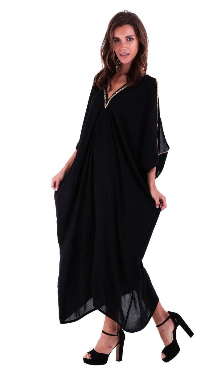 SHU - SHI Women's Cold Shoulder Kaftan Cover - Up Maxi Dress with Gold Beads and V - Neck - Love ShuShi