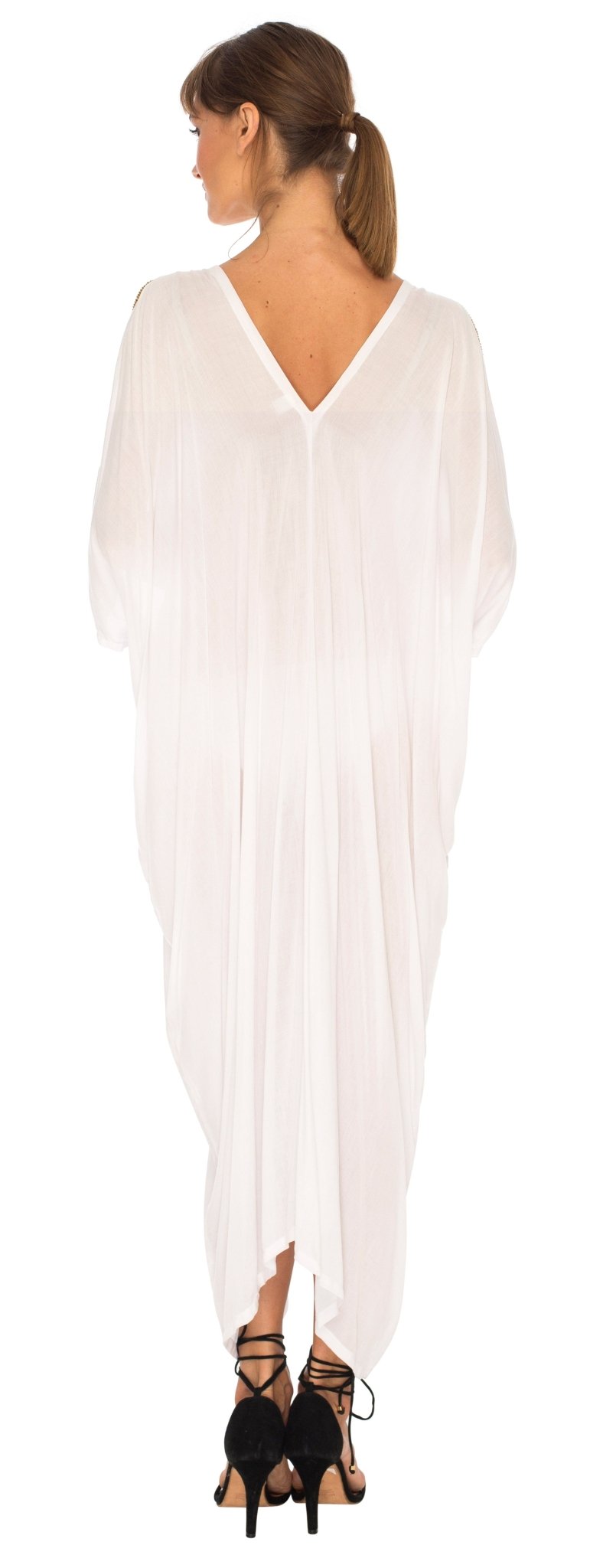 SHU - SHI Women's Cold Shoulder Kaftan Cover - Up Maxi Dress with Gold Beads and V - Neck - Love ShuShi