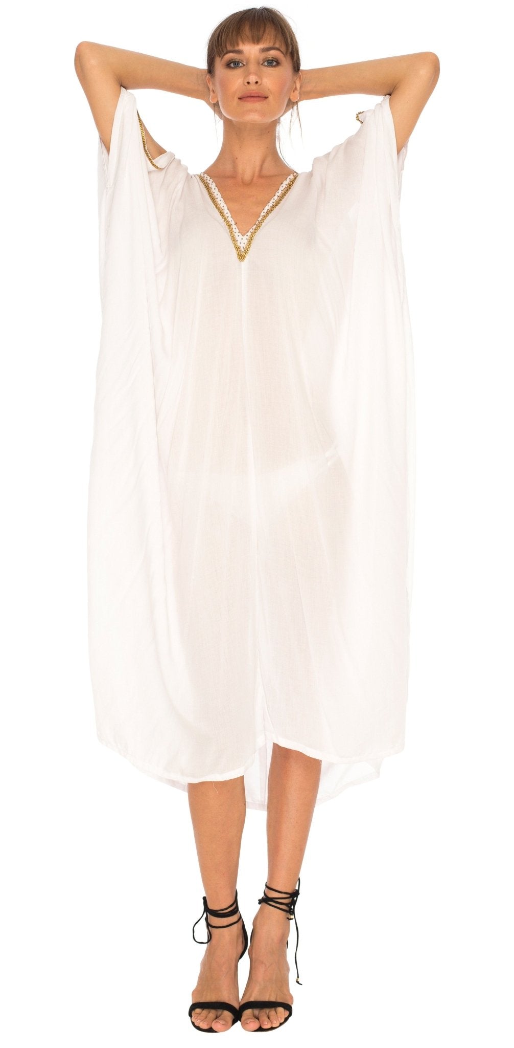 SHU - SHI Women's Cold Shoulder Kaftan Cover - Up Maxi Dress with Gold Beads and V - Neck - Love ShuShi