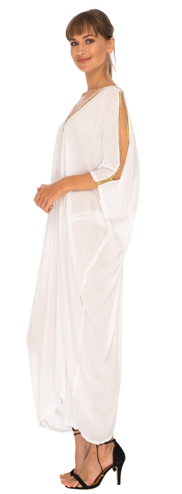 SHU - SHI Women's Cold Shoulder Kaftan Cover - Up Maxi Dress with Gold Beads and V - Neck - Love ShuShi