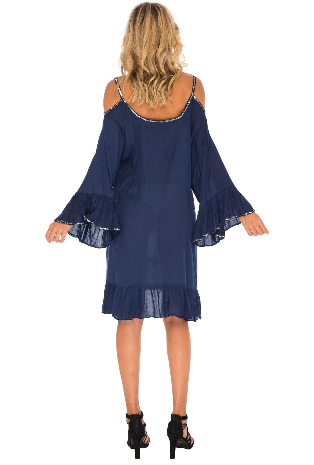 SHU - SHI Women's Cold Shoulder Tunic Shift Swing Dress with Gold Bead Neckline and Bell Sleeves Kaftan - Love ShuShi