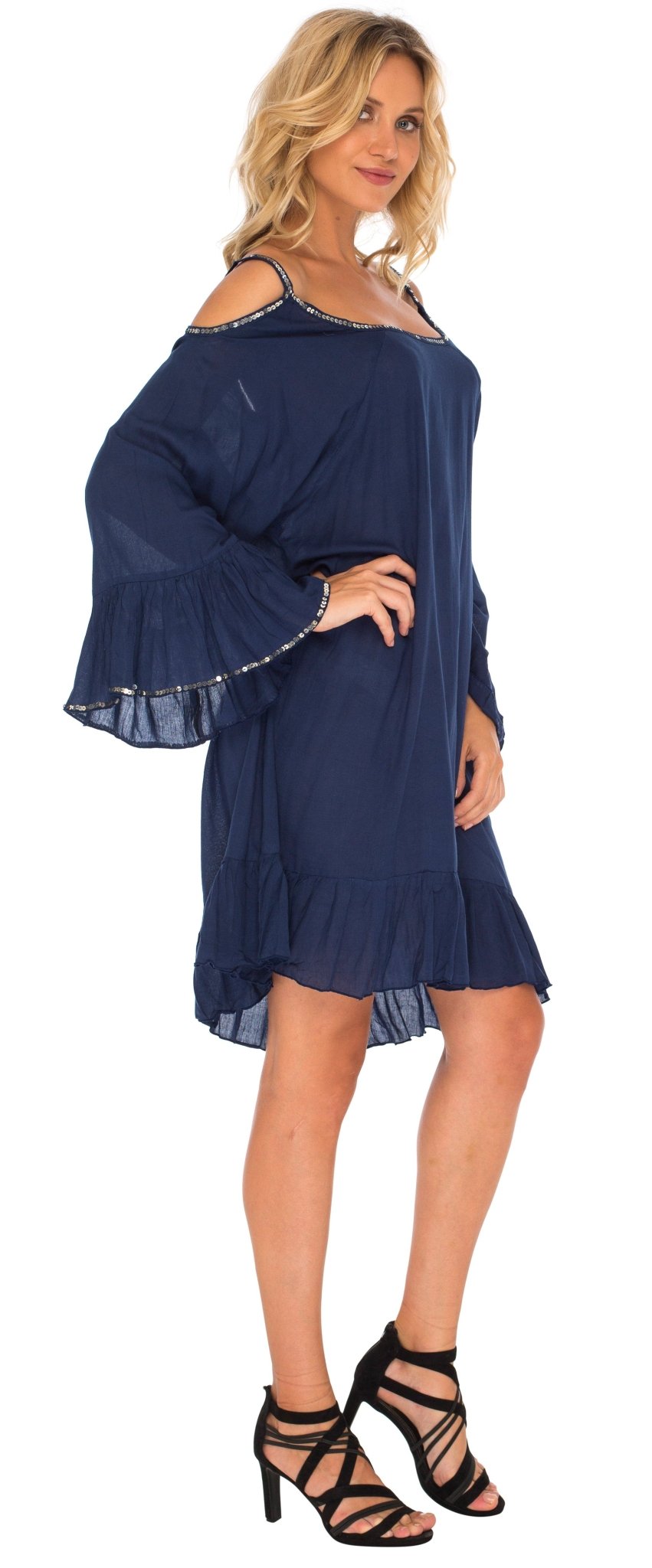 SHU - SHI Women's Cold Shoulder Tunic Shift Swing Dress with Gold Bead Neckline and Bell Sleeves Kaftan - Love ShuShi