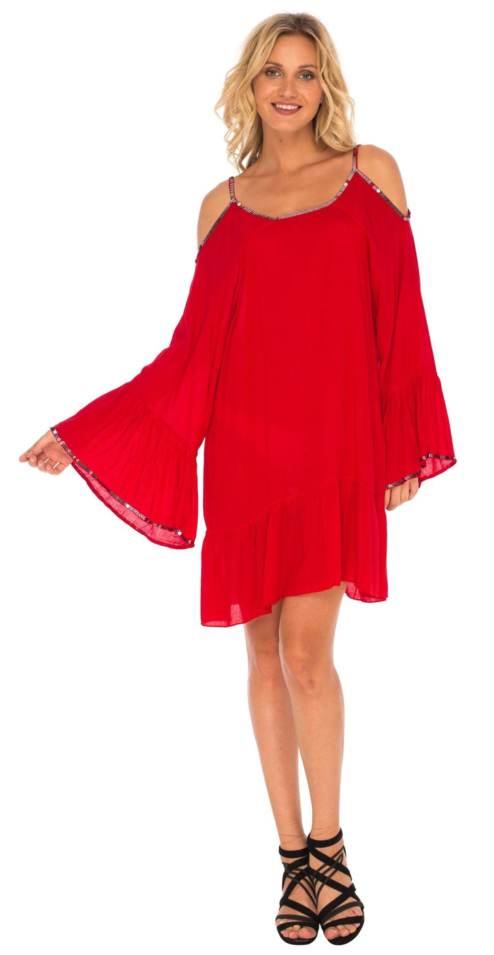 SHU - SHI Women's Cold Shoulder Tunic Shift Swing Dress with Gold Bead Neckline and Bell Sleeves Kaftan - Love ShuShi