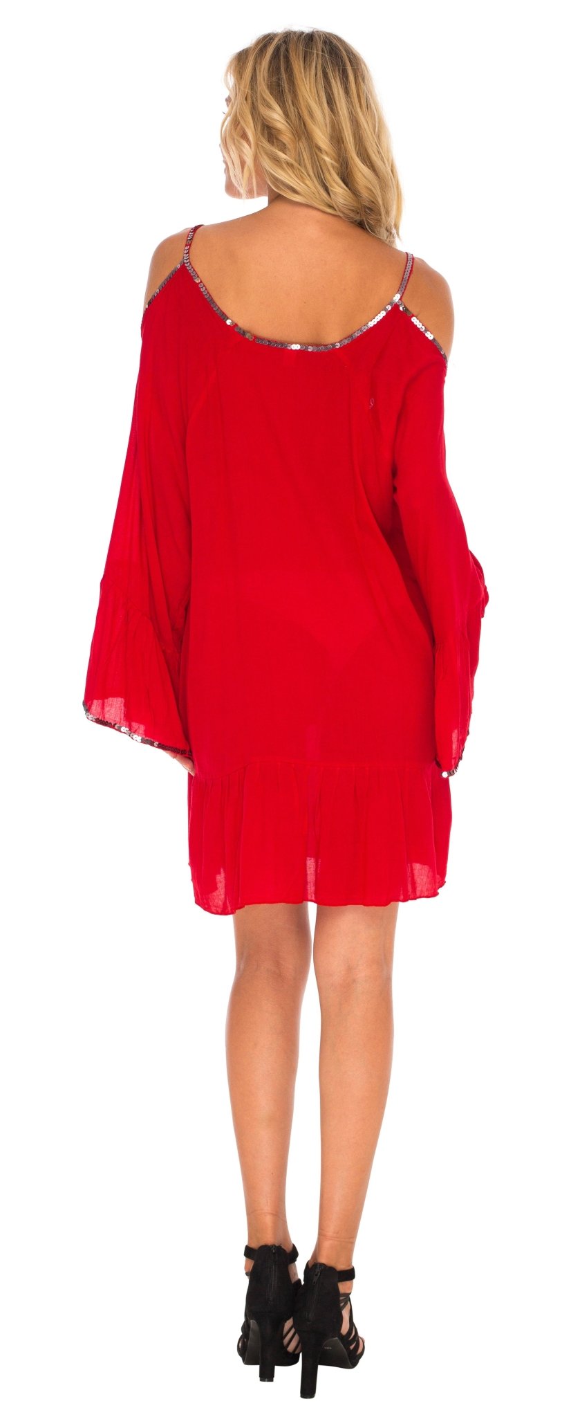 SHU - SHI Women's Cold Shoulder Tunic Shift Swing Dress with Gold Bead Neckline and Bell Sleeves Kaftan - Love ShuShi