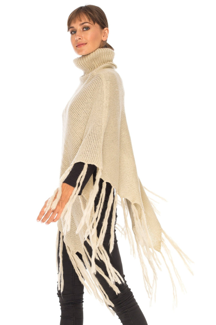 SHU - SHI Women's Cowl Neck Knit Poncho with Fringe - Casual Pullover Sweater - Love ShuShi