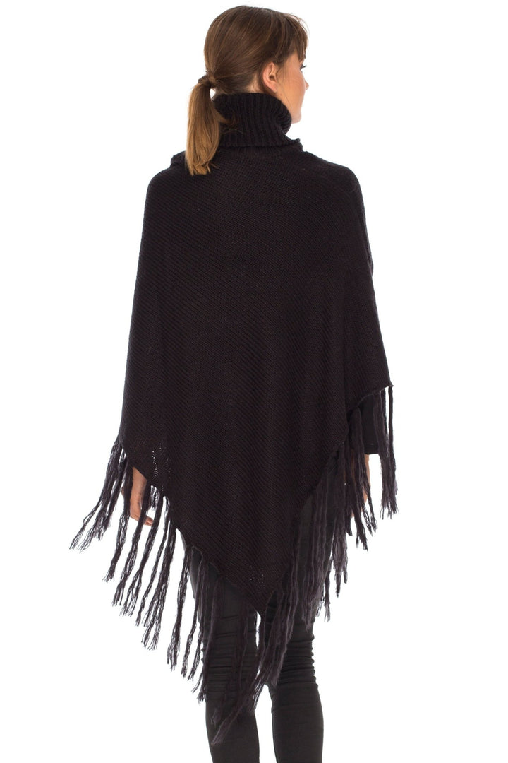 SHU - SHI Women's Cowl Neck Knit Poncho with Fringe - Casual Pullover Sweater - Love ShuShi