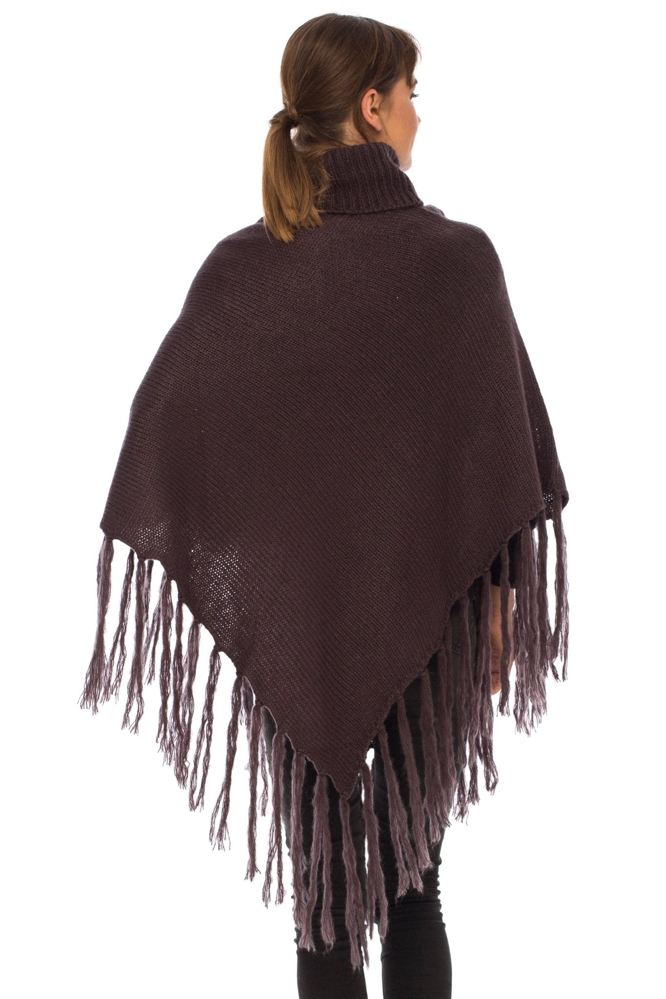 SHU - SHI Women's Cowl Neck Knit Poncho with Fringe - Casual Pullover Sweater - Love ShuShi