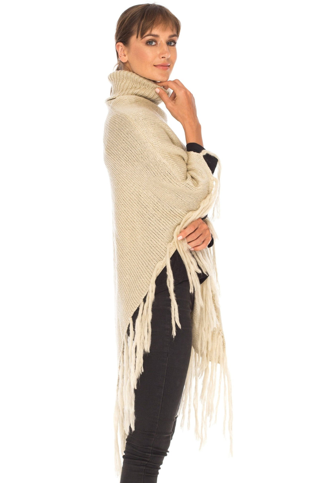 SHU - SHI Women's Cowl Neck Knit Poncho with Fringe - Casual Pullover Sweater - Love ShuShi