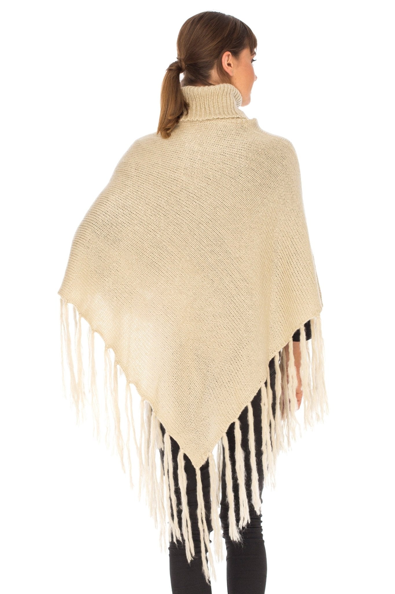 SHU - SHI Women's Cowl Neck Knit Poncho with Fringe - Casual Pullover Sweater - Love ShuShi