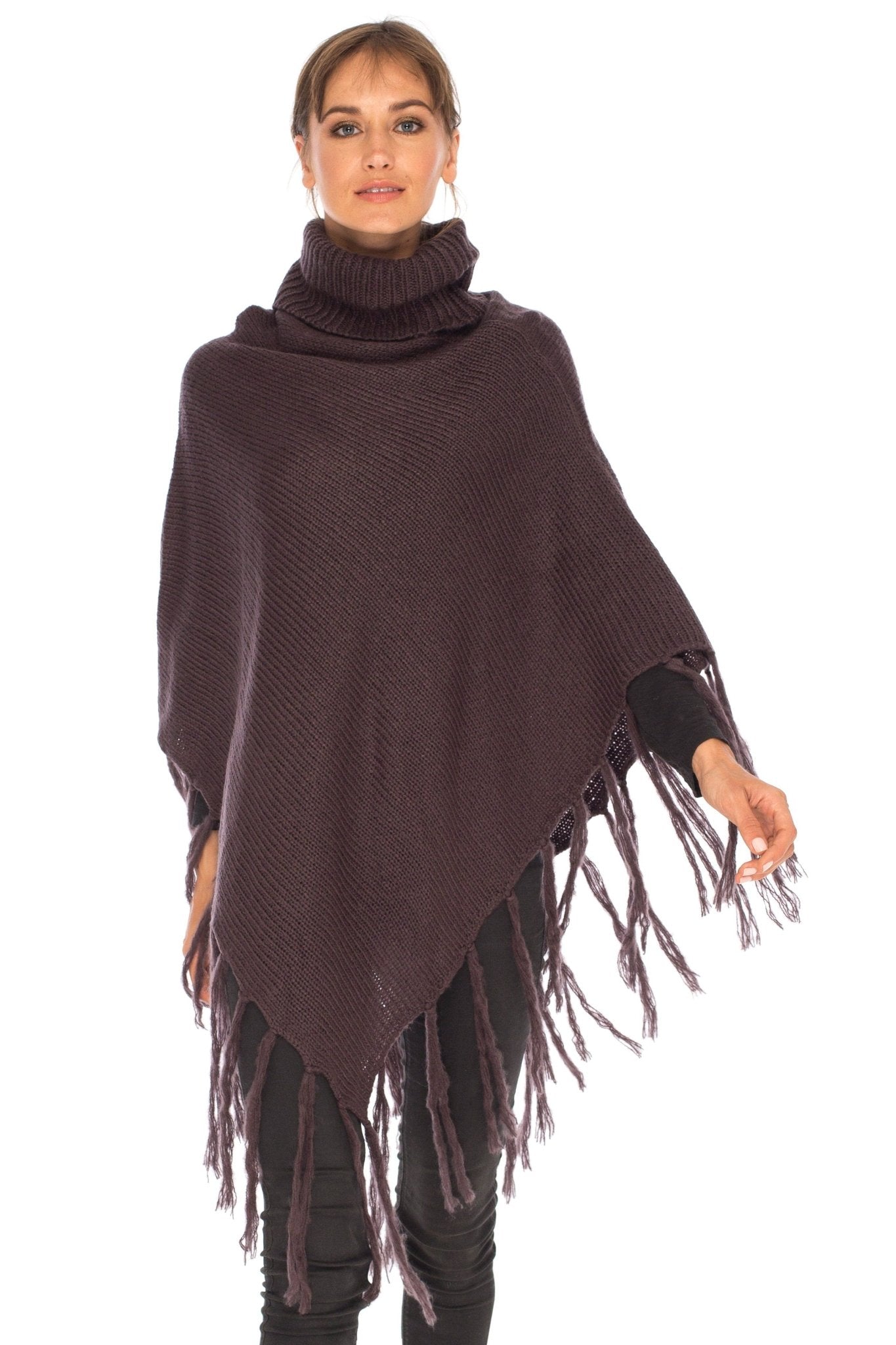 SHU - SHI Women's Cowl Neck Knit Poncho with Fringe - Casual Pullover Sweater - Love ShuShi