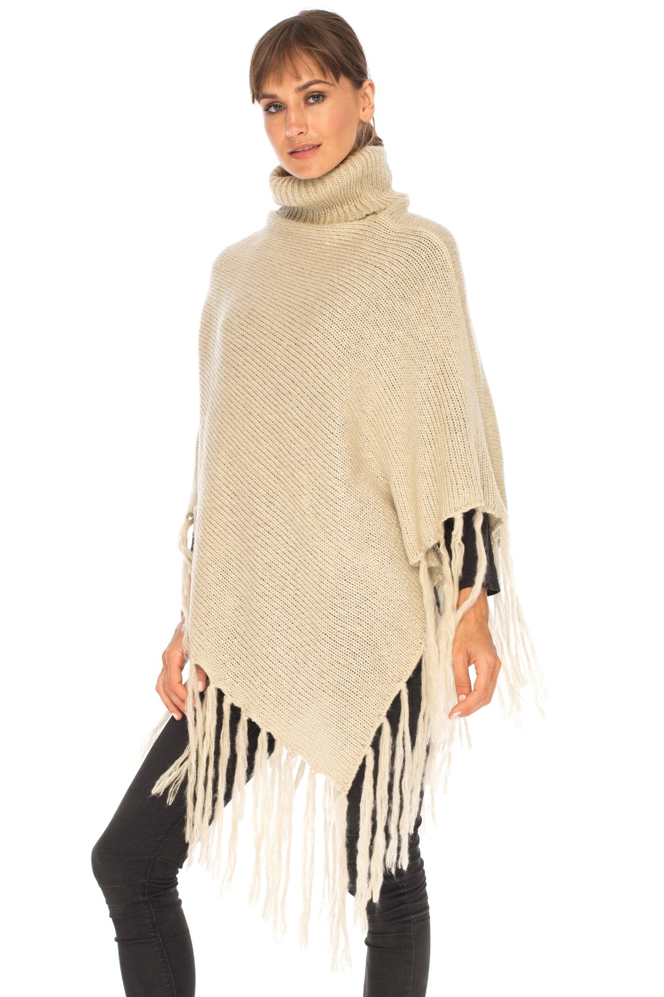 SHU - SHI Women's Cowl Neck Knit Poncho with Fringe - Casual Pullover Sweater - Love ShuShi