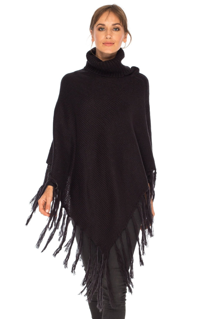 SHU - SHI Women's Cowl Neck Knit Poncho with Fringe - Casual Pullover Sweater - Love ShuShi