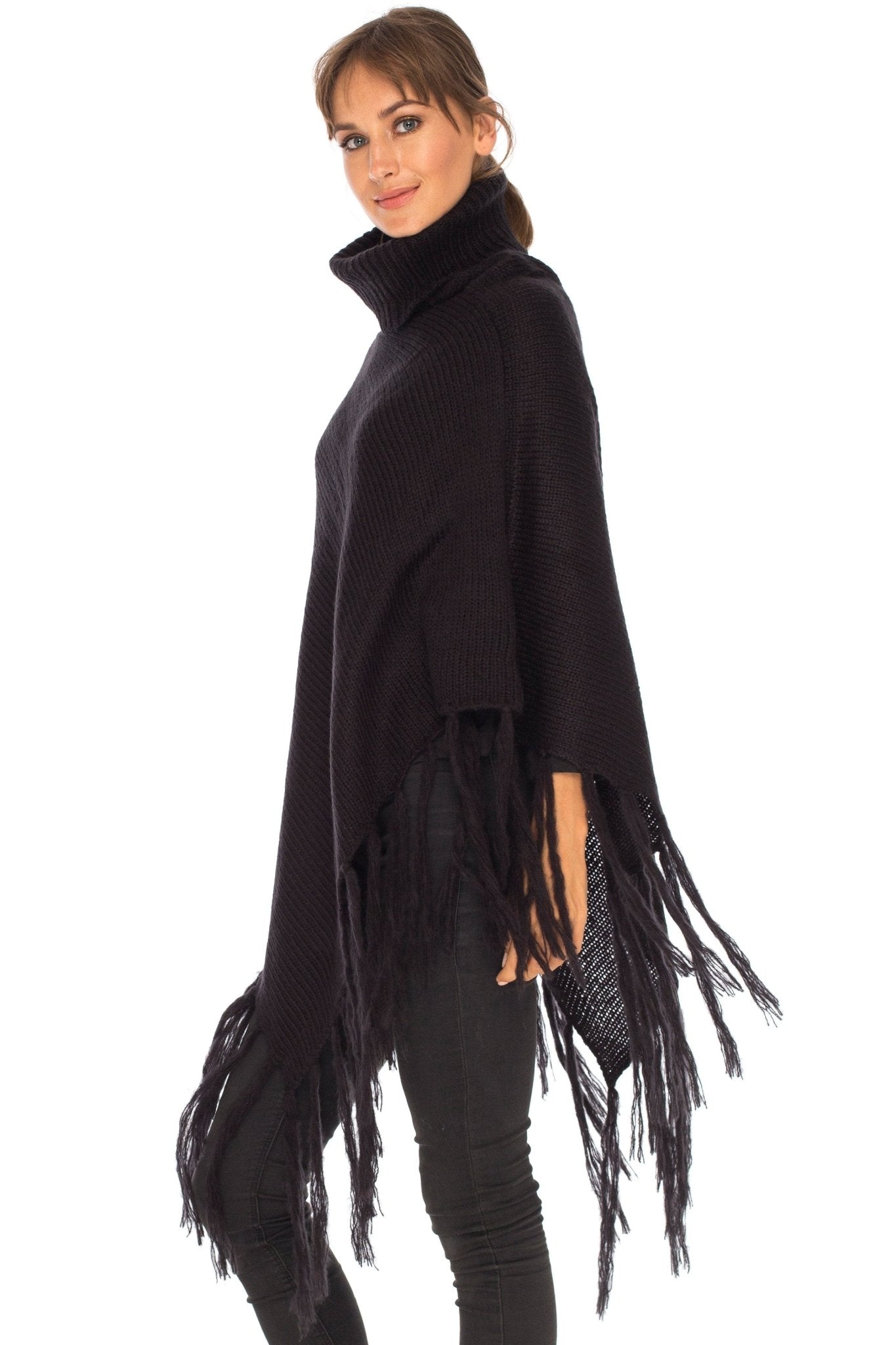 SHU - SHI Women's Cowl Neck Knit Poncho with Fringe - Casual Pullover Sweater - Love ShuShi