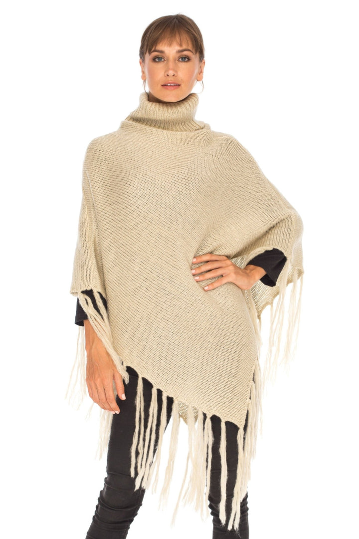 SHU - SHI Women's Cowl Neck Knit Poncho with Fringe - Casual Pullover Sweater - Love ShuShi