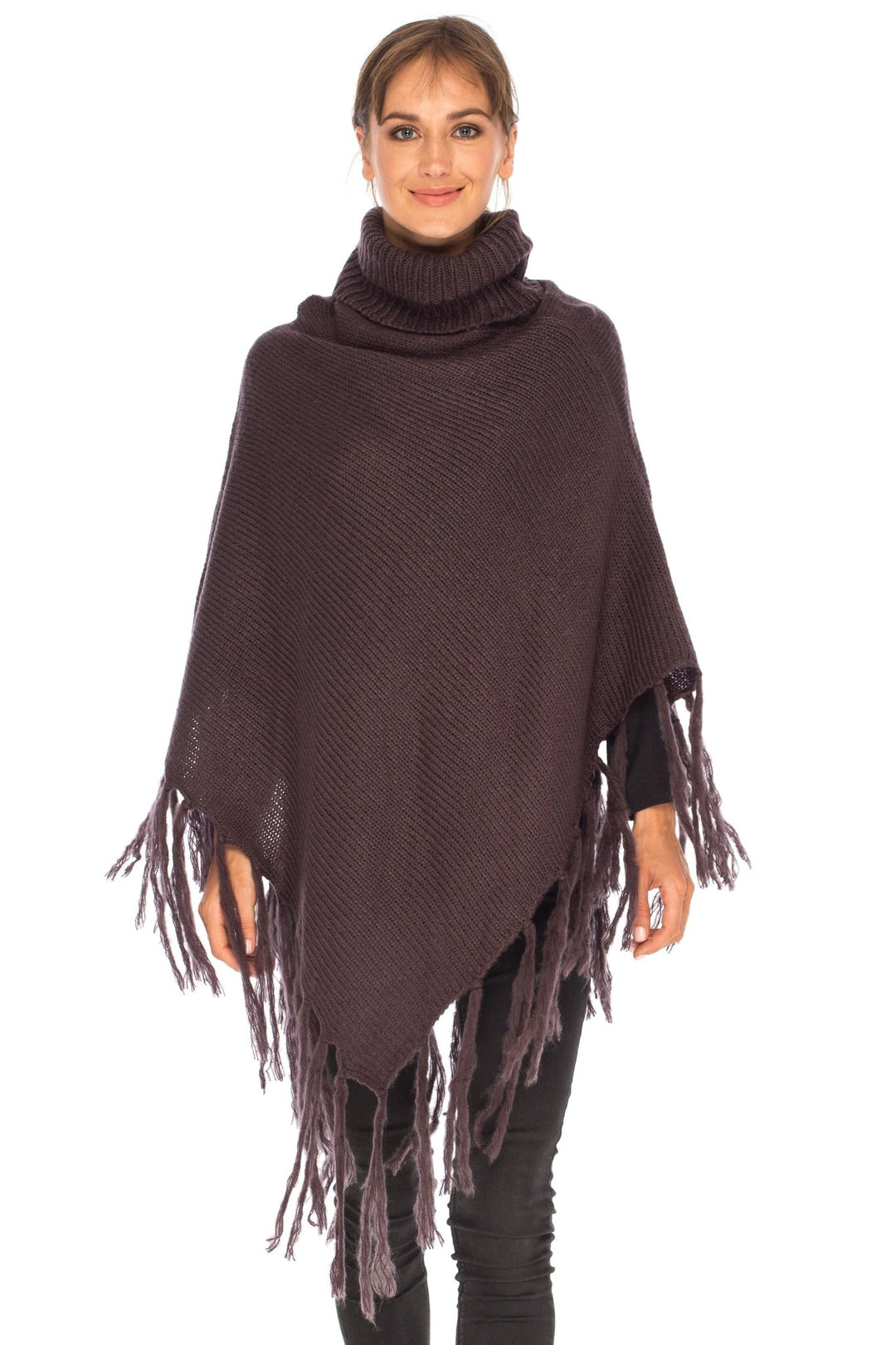 SHU - SHI Women's Cowl Neck Knit Poncho with Fringe - Casual Pullover Sweater - Love ShuShi