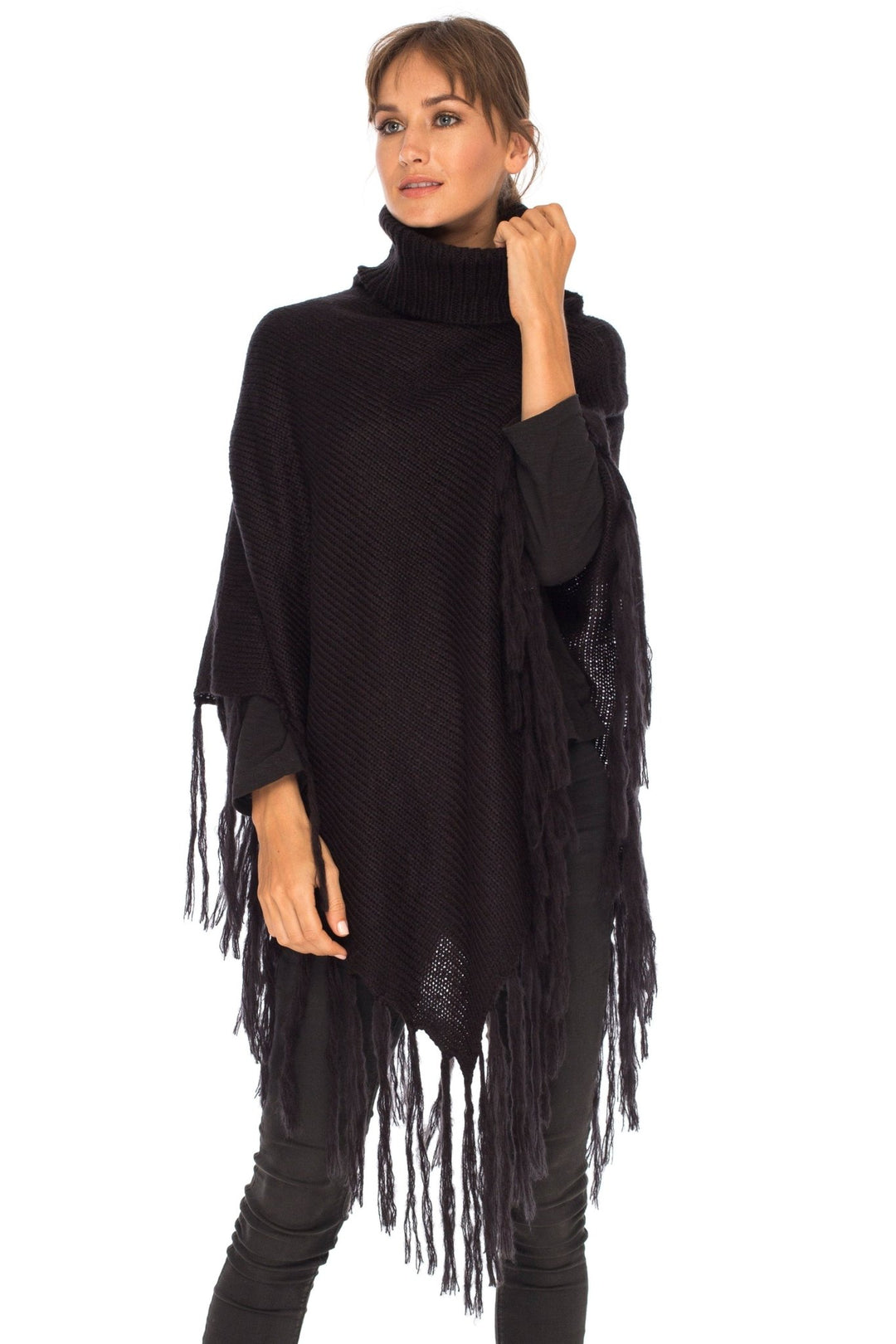 SHU - SHI Women's Cowl Neck Knit Poncho with Fringe - Casual Pullover Sweater - Love ShuShi