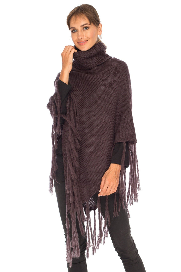 SHU - SHI Women's Cowl Neck Knit Poncho with Fringe - Casual Pullover Sweater - Love ShuShi