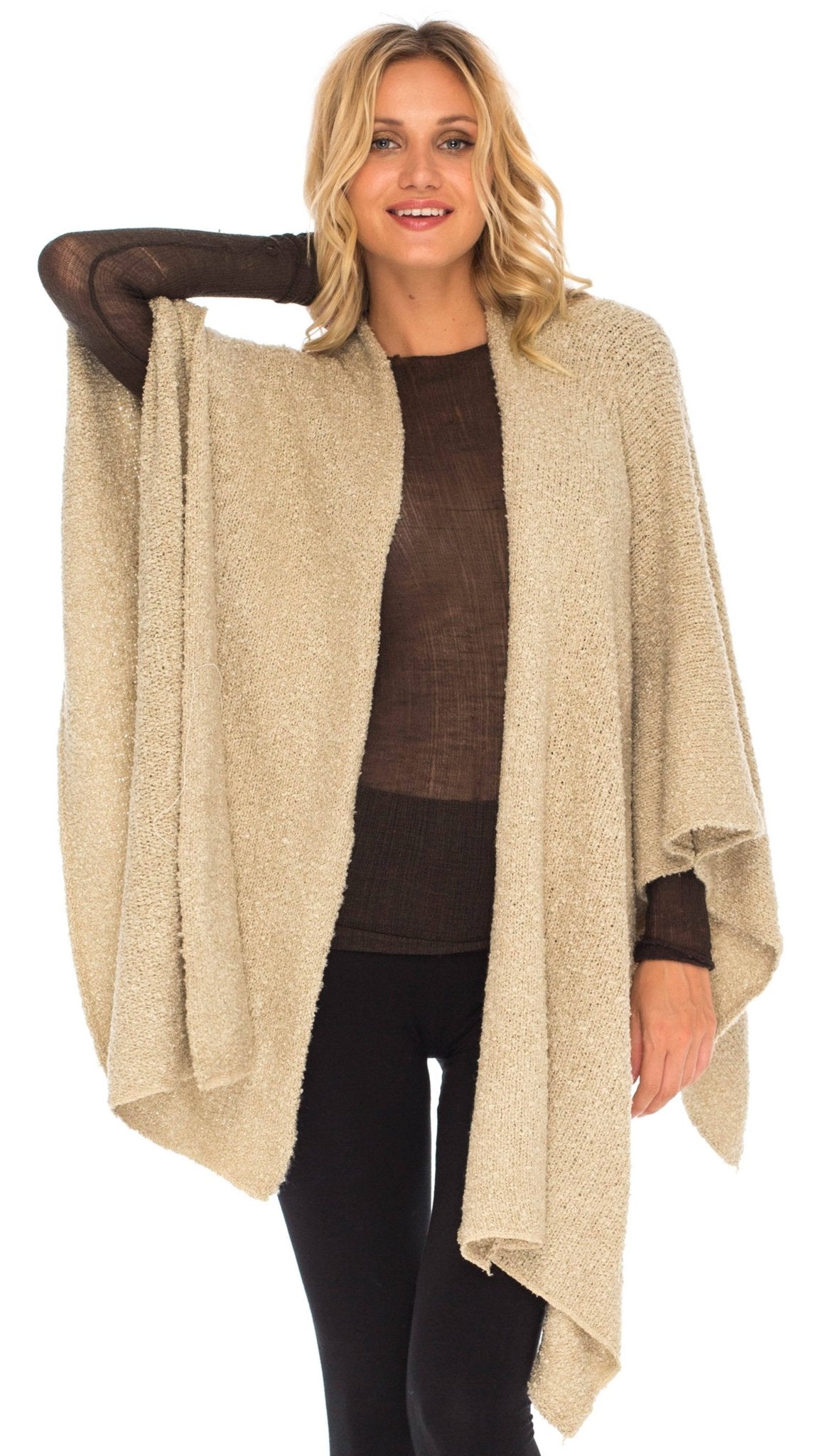 SHU - SHI Women's Cozy Knit Poncho Shawl Wrap - Lightweight Open Front Cape Kimono - Love ShuShi