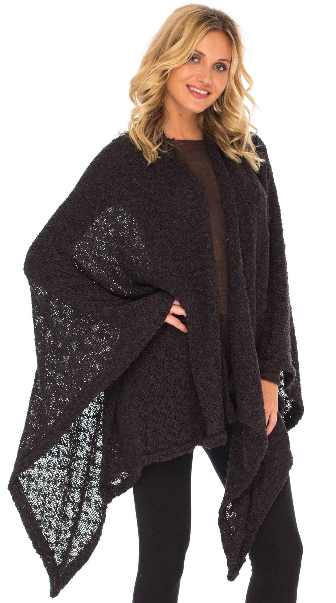 SHU - SHI Women's Cozy Knit Poncho Shawl Wrap - Lightweight Open Front Cape Kimono - Love ShuShi