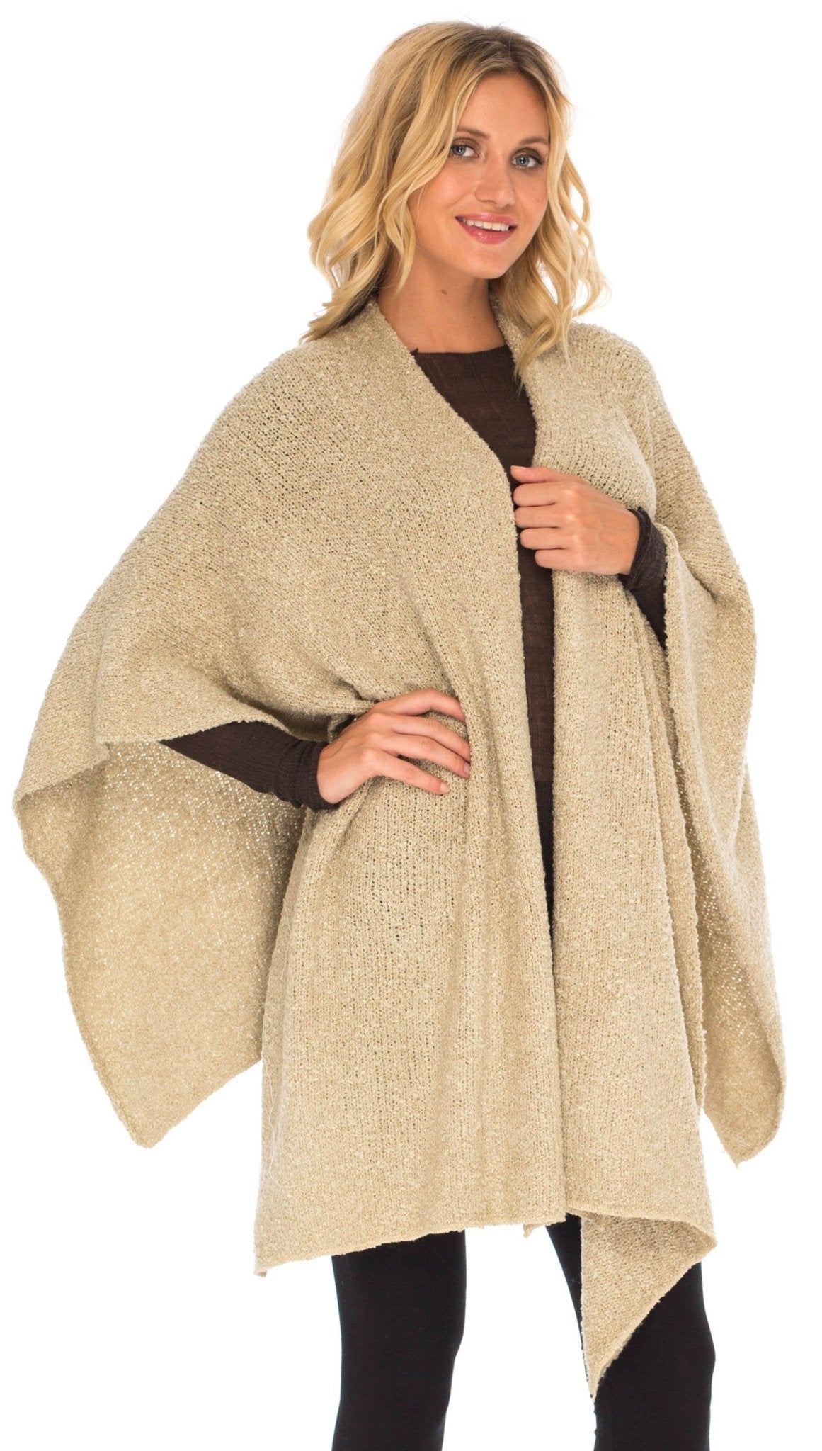 SHU - SHI Women's Cozy Knit Poncho Shawl Wrap - Lightweight Open Front Cape Kimono - Love ShuShi