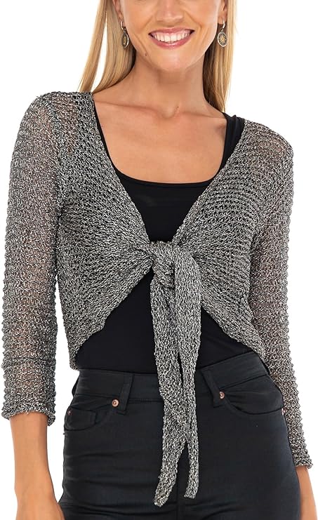 SHU - SHI Womens Cropped Sheer Shrug Tie Top Open Front Cardigan Knit Sweater - Love ShuShi