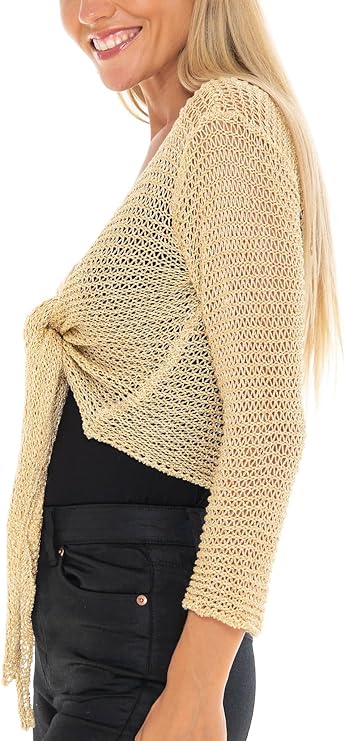 SHU - SHI Womens Cropped Sheer Shrug Tie Top Open Front Cardigan Knit Sweater - Love ShuShi