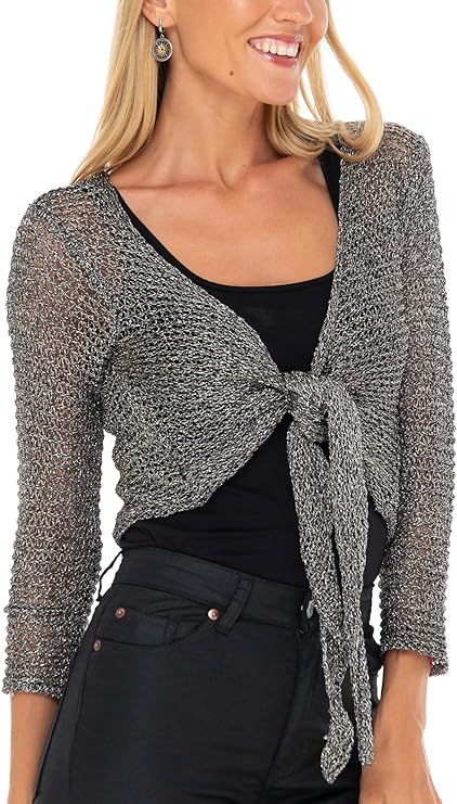 SHU - SHI Womens Cropped Sheer Shrug Tie Top Open Front Cardigan Knit Sweater - Love ShuShi