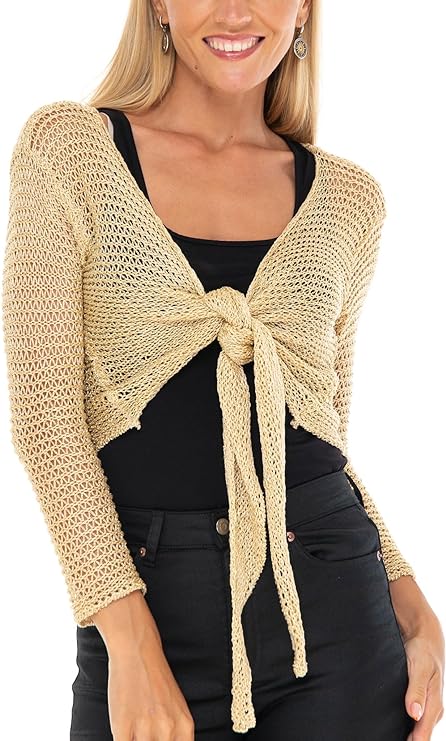 SHU - SHI Womens Cropped Sheer Shrug Tie Top Open Front Cardigan Knit Sweater - Love ShuShi