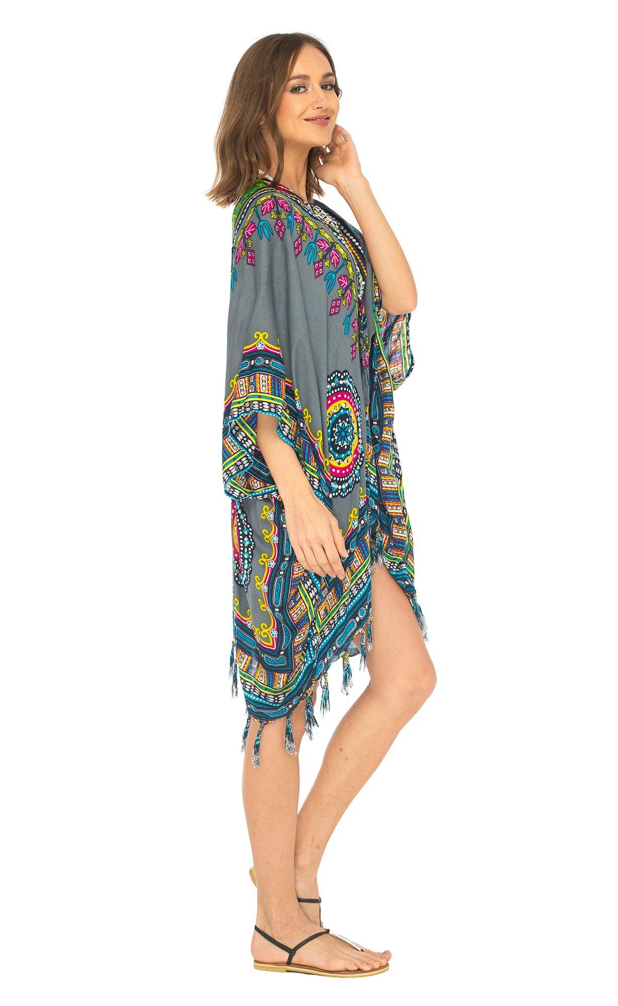 SHU - SHI Women's Dashiki Sequined Beach Cover - Up | Open Front Kimono Cardigan for Bikinis - Love ShuShi