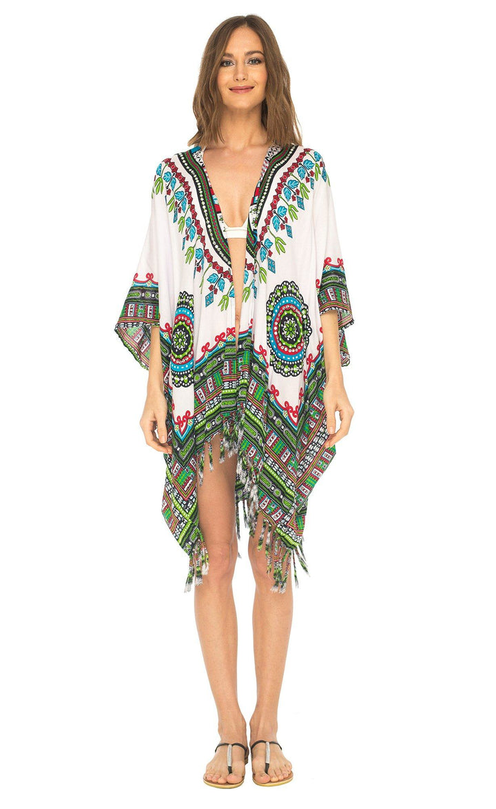 SHU - SHI Women's Dashiki Sequined Beach Cover - Up | Open Front Kimono Cardigan for Bikinis - Love ShuShi