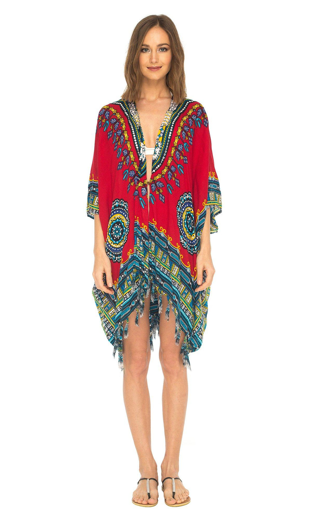 SHU - SHI Women's Dashiki Sequined Beach Cover - Up | Open Front Kimono Cardigan for Bikinis - Love ShuShi