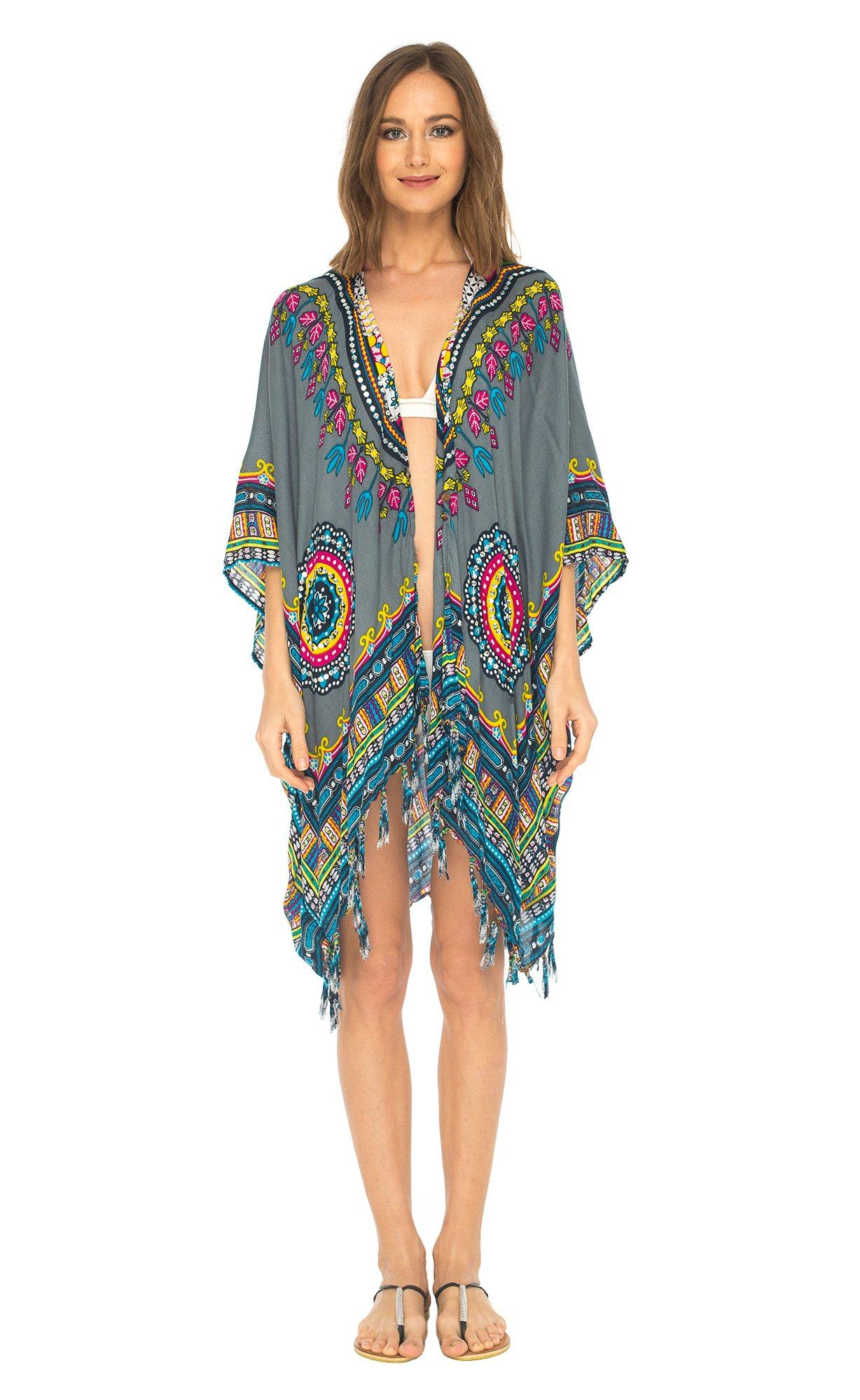 SHU - SHI Women's Dashiki Sequined Beach Cover - Up | Open Front Kimono Cardigan for Bikinis - Love ShuShi