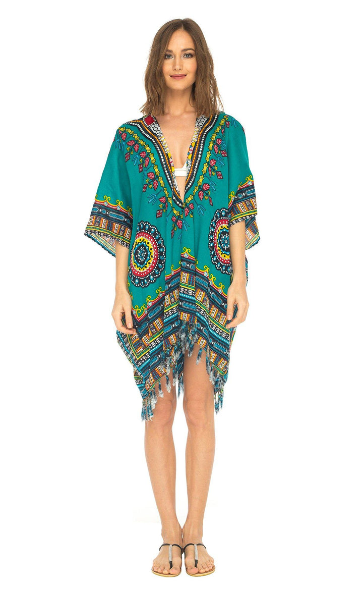 SHU - SHI Women's Dashiki Sequined Beach Cover - Up | Open Front Kimono Cardigan for Bikinis - Love ShuShi