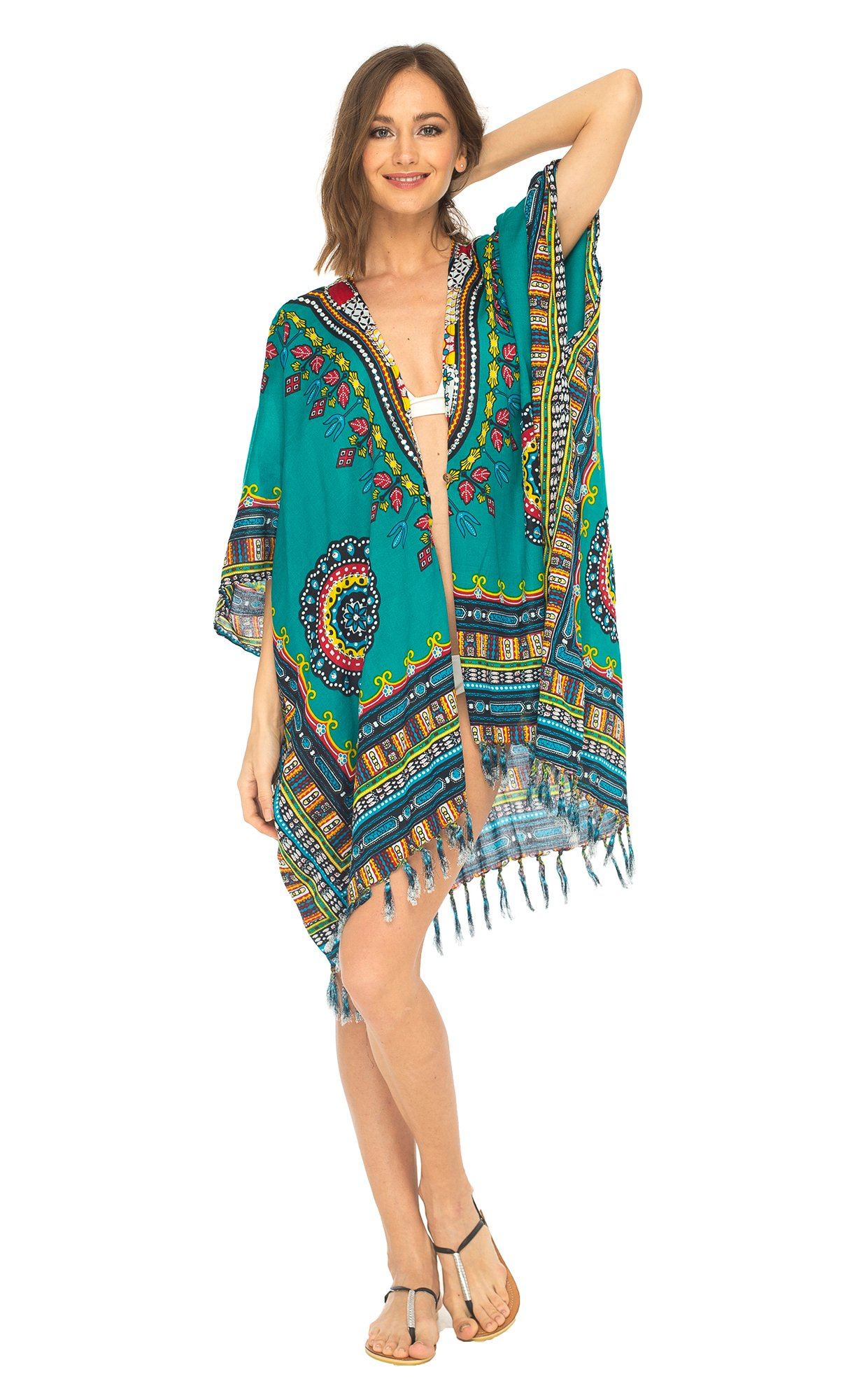 SHU - SHI Women's Dashiki Sequined Beach Cover - Up | Open Front Kimono Cardigan for Bikinis - Love ShuShi