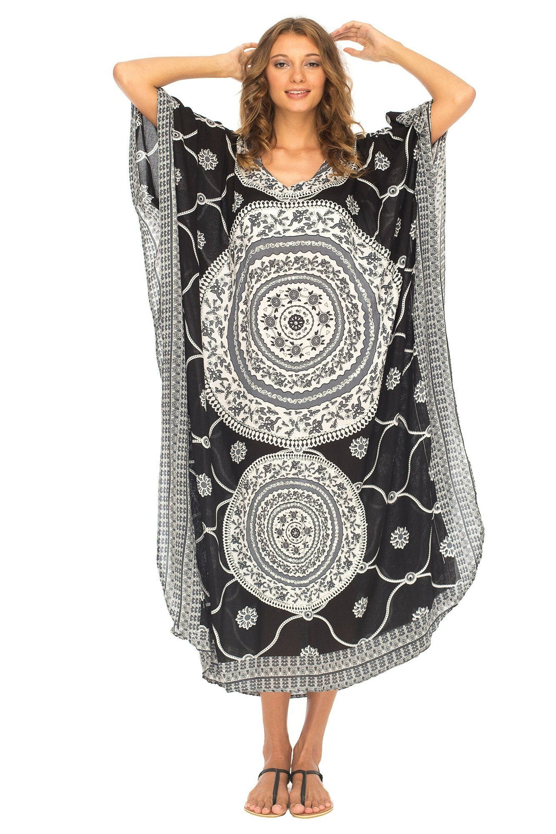 SHU - SHI Women's Ethnic Mandala Kaftan: Loose Casual Maxi Beach Cover - Up Dress with Sequins - Love ShuShi