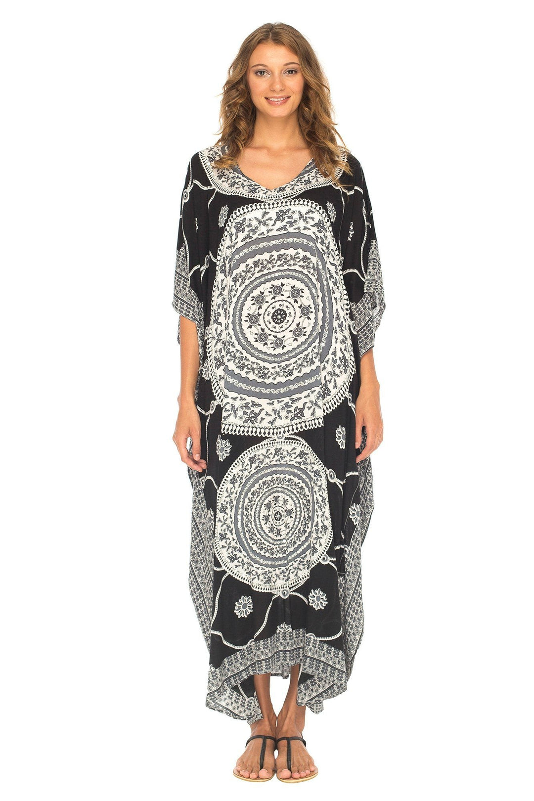 SHU - SHI Women's Ethnic Mandala Kaftan: Loose Casual Maxi Beach Cover - Up Dress with Sequins - Love ShuShi