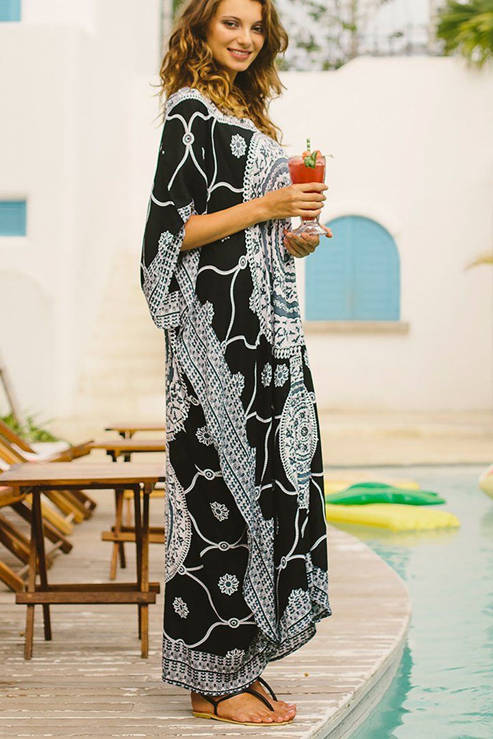 SHU - SHI Women's Ethnic Mandala Kaftan: Loose Casual Maxi Beach Cover - Up Dress with Sequins - Love ShuShi