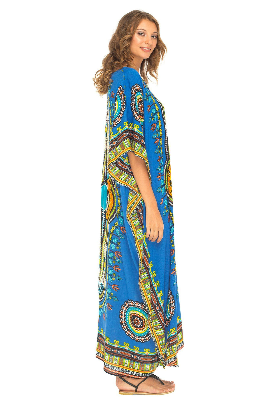 SHU - SHI Women's Ethnic V - Neck Kaftan Maxi Dress - Long Loose Casual Dashiki Beach Cover - Up with Sequins - Love ShuShi