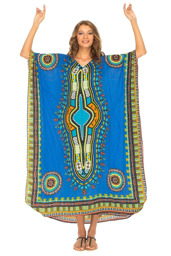 SHU - SHI Women's Ethnic V - Neck Kaftan Maxi Dress - Long Loose Casual Dashiki Beach Cover - Up with Sequins - Love ShuShi