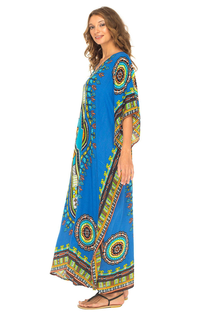 SHU - SHI Women's Ethnic V - Neck Kaftan Maxi Dress - Long Loose Casual Dashiki Beach Cover - Up with Sequins - Love ShuShi