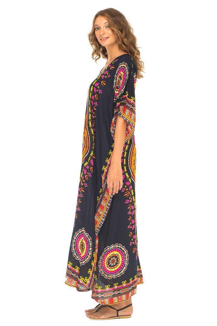 SHU - SHI Women's Ethnic V - Neck Kaftan Maxi Dress - Long Loose Casual Dashiki Beach Cover - Up with Sequins - Love ShuShi