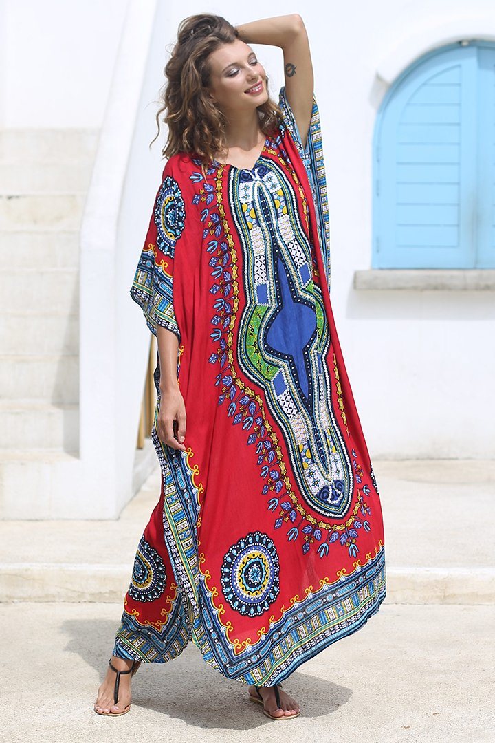 SHU - SHI Women's Ethnic V - Neck Kaftan Maxi Dress - Long Loose Casual Dashiki Beach Cover - Up with Sequins - Love ShuShi