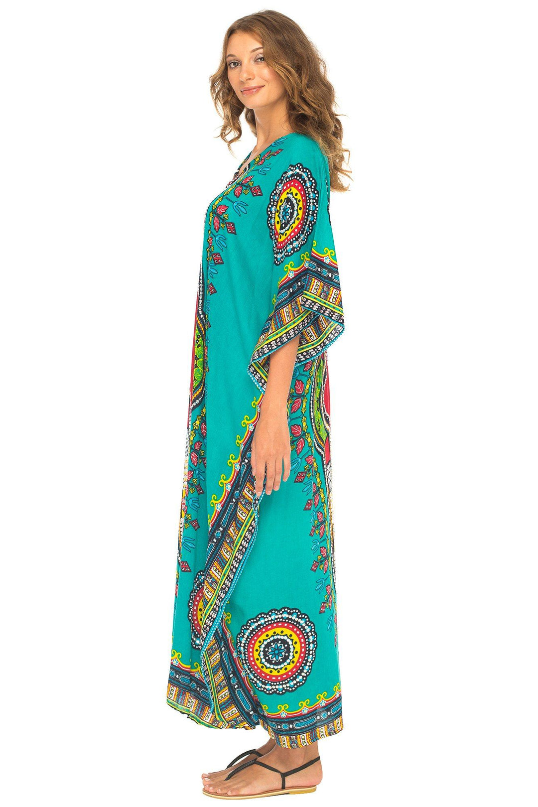 SHU - SHI Women's Ethnic V - Neck Kaftan Maxi Dress - Long Loose Casual Dashiki Beach Cover - Up with Sequins - Love ShuShi