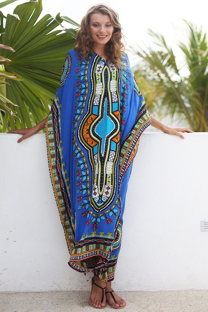 SHU - SHI Women's Ethnic V - Neck Kaftan Maxi Dress - Long Loose Casual Dashiki Beach Cover - Up with Sequins - Love ShuShi