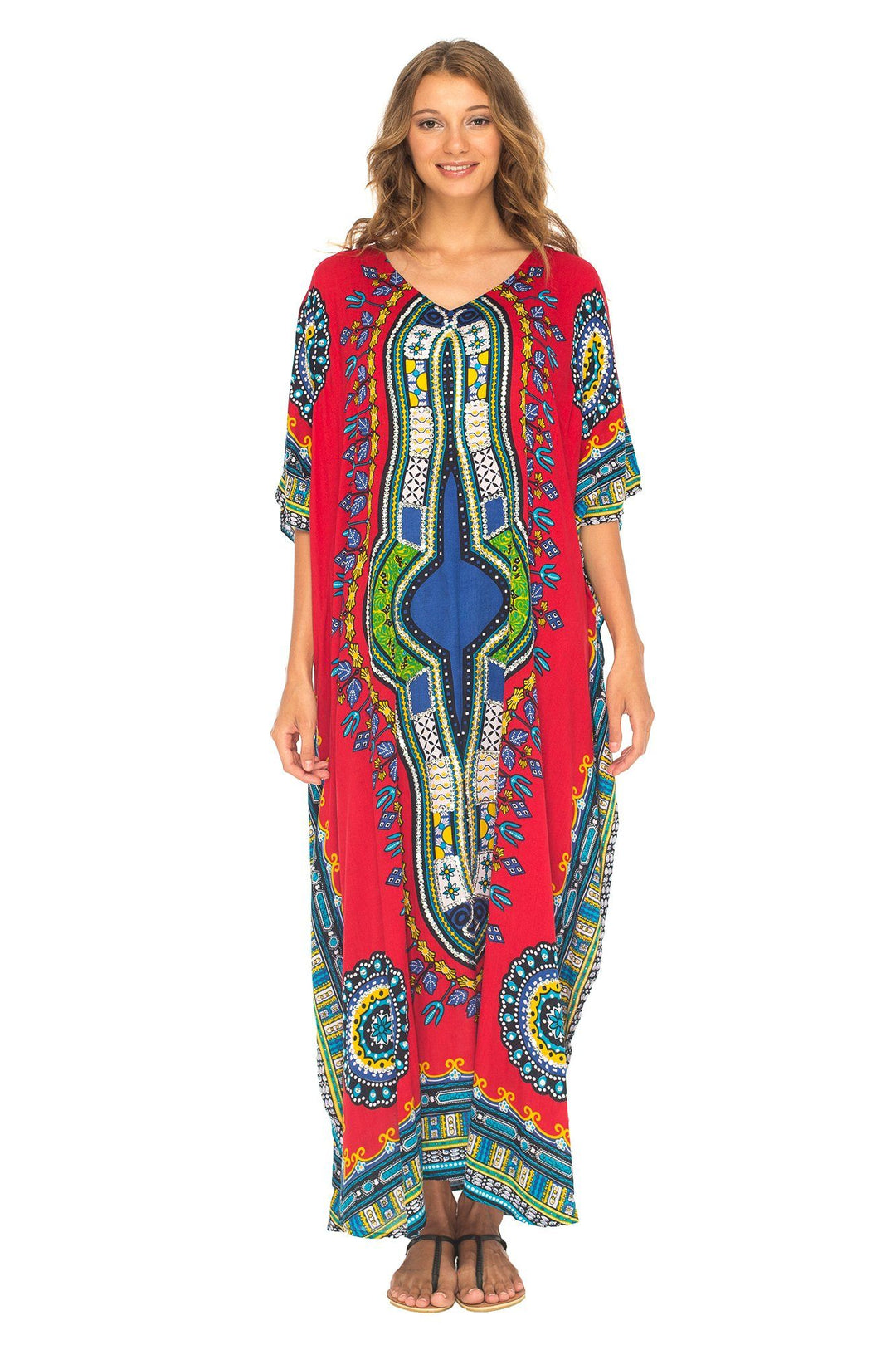 SHU - SHI Women's Ethnic V - Neck Kaftan Maxi Dress - Long Loose Casual Dashiki Beach Cover - Up with Sequins - Love ShuShi