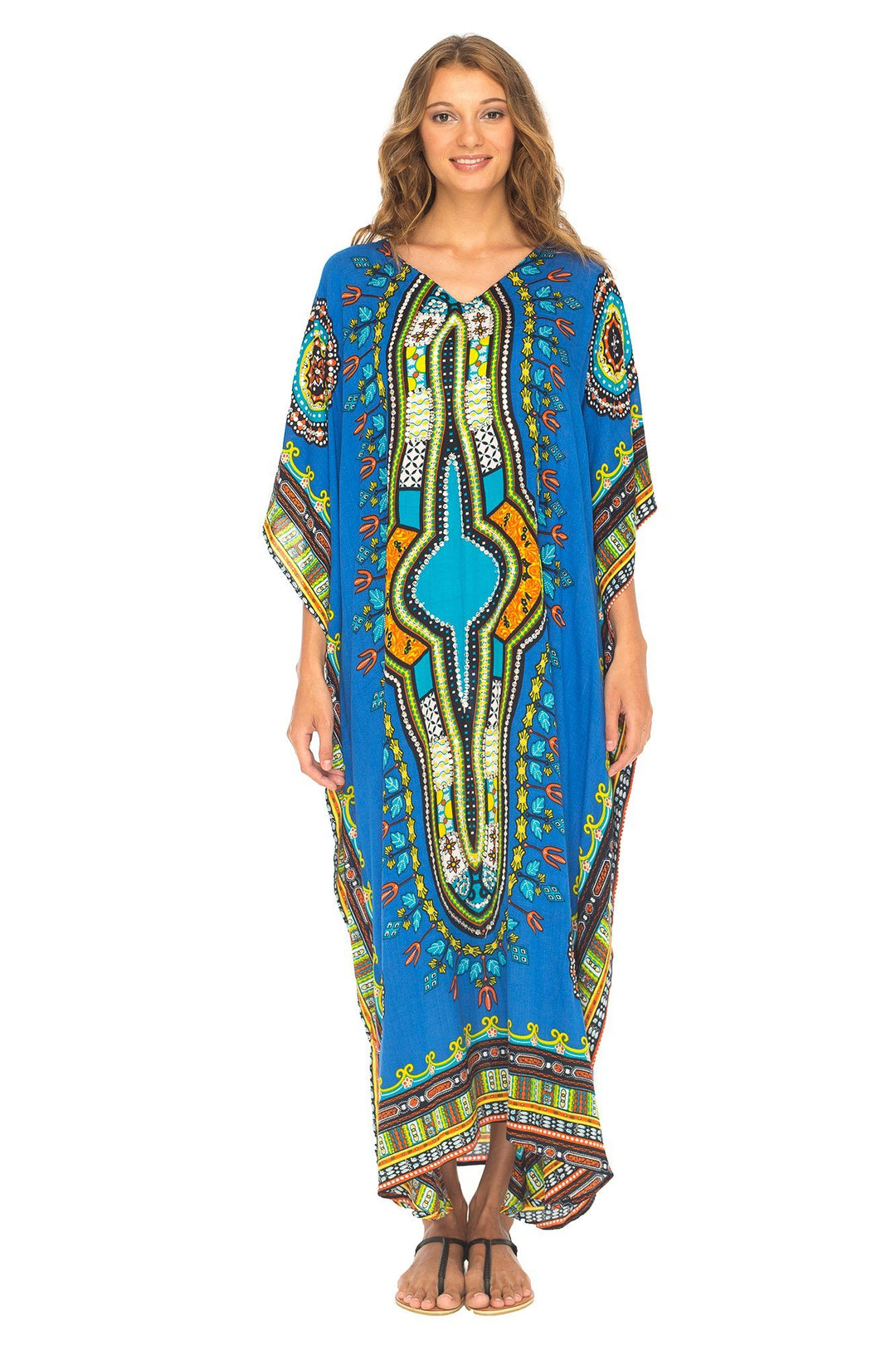 SHU - SHI Women's Ethnic V - Neck Kaftan Maxi Dress - Long Loose Casual Dashiki Beach Cover - Up with Sequins - Love ShuShi