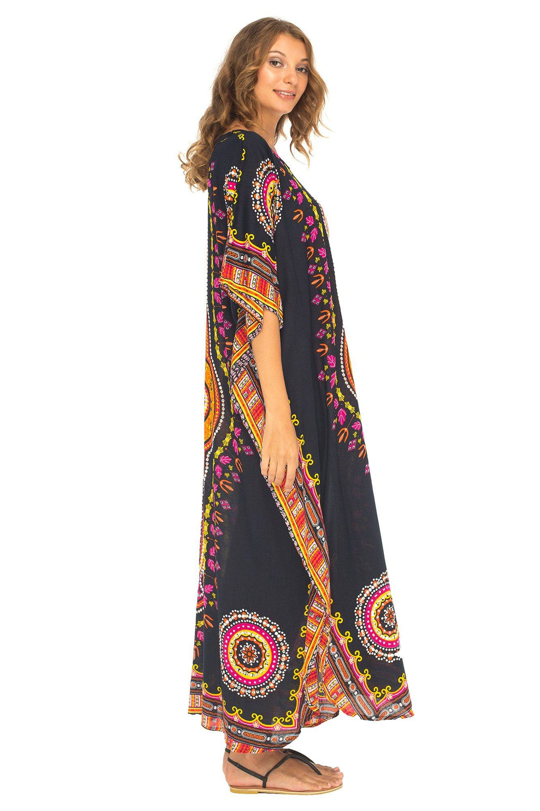 SHU - SHI Women's Ethnic V - Neck Kaftan Maxi Dress - Long Loose Casual Dashiki Beach Cover - Up with Sequins - Love ShuShi